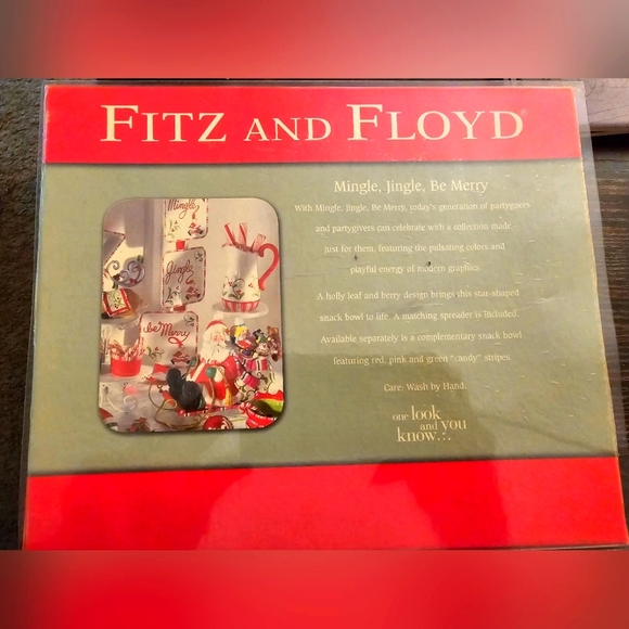 Fitz & Floyd Mingle Jingle Be Merry Snack Bowl W Canape Knife Holiday Dish 2006 - Picture 2 of 5